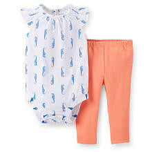 Carter's Girls 2 Piece White/Blue Seahorse Printed Flutter Sleeve Bodysuit and Orange Pant Set