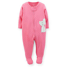 Carter's Girls Pink Easy Entry Footie with Polka Dot Print and Embroidered Mouse Applique