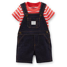 Carter's Boys 2 Piece Red Striped Short Sleeve T Shirt and Blue Terry Faux Knit Denim Shortall Set