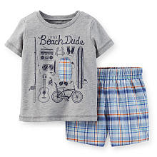 Carter's Boys 2 Piece Grey "Little Beach Dude" Short Sleeve Graphic T Shirt and Plaid Pant Set