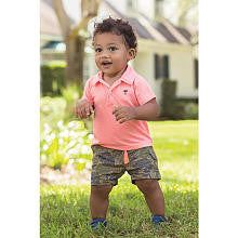 Carter's Boys 2 Piece Coral Short Sleeve Polo Top and Green Leaf Print Shorts with Cargo Pocket Playwear Set