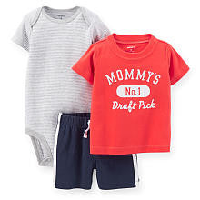 Carter's Boys 3 Piece Red "Mommy's No. 1 Draft Pick" Short Sleeve T Shirt, Striped Short Sleeve Bodysuit and Short Set