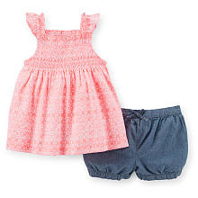 Carter's Girls 2 Piece Pink/White Floral Printed Smocked Flutter Sleeve Top and Chambray Short Set