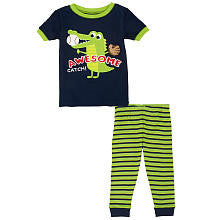 Koala Kids Boys' 2 Piece Navy/Green Awesome Catch Alligator Pajama Set with Short Sleeve Top and Striped Pants