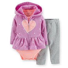 Carters Girls 3 Piece Purple Polka Dot Peplum Hooded Cardigan with Heart Art, Striped Rib Bodysuit and Grey Pant Set