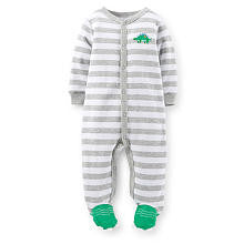 Carter's Boys Light Grey Striped Easy Entry Footie with Embroidered Dinosaur Applique