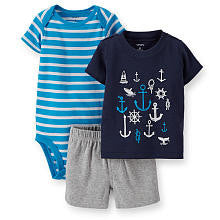 Carter's Boys 3 Piece Navy Anchor Print Short Sleeve T Shirt, Blue Striped Bodysuit and Grey Shorts Set