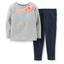 Carter's Girls 2 Piece Grey Polka Dot "Awesome Like Mommy" Knit Top and Knit Denim Legging Set - Toddler