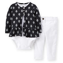 Carter's Girls 3 Piece "Sweetheart" Flutter Sleeve Bodysuit, Black/White Printed Cardigan, and White Twill Pant Set