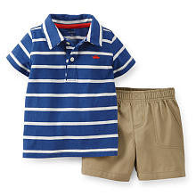 Carter's Boys 2 Piece Navy Striped Short Sleeve Polo and Khaki Shorts Playwear Set