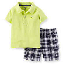 Carter's Boys 2 Piece Yellow Short Sleeve Polo Top and Navy Plaid Shorts Playwear Set