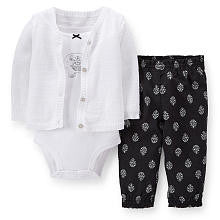 Carter's Girls 3 Piece Elephant Sleeveless Bodysuit, White Cardigan, and Black/White Printed Woven Pant Set