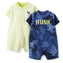 Carter's Boys 2 Pack Navy Tropical Print "Hunk" and Tan Henley Rompers