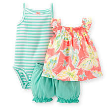 Carter's Girls 3 Piece Blue/White Striped Bodysuit, Butterfly Print Flutter Sleeve Top, and Bloomer Set