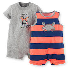 Carter's Boys 2 Pack Coral/Navy Striped Sleeveless Crab Print Romper and Grey "Little Snap" Romper