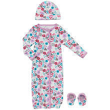 Koala Baby Girls' 3 Piece White/Purple Floral Layette Set with Snap Front Gown, Booties, and Hat