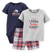 Carter's Boys 3 Piece "Built Tough Like Daddy" Short Sleeve T Shirt, Slogan Short Sleeve Bodysuit and Plaid Short Set