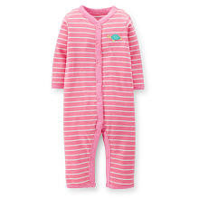 Carter's Girls Pink Striped Easy Entry Rib Coverall with Embroidered Turtle Applique