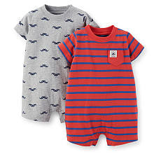 Carter's Boys 2 Pack Grey Mustache Print and Red Striped Rompers