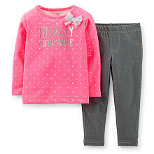 Carter's Girls 2 Piece Pink Polka Dot "Totally Adorable" Knit Top and Denim Legging Set - Toddler