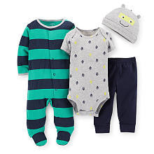 Carter's Boys 4 Piece Set with Navy/Turquoise Striped Footie, Grey Animated Hat, Grey Printed Bodysuit and Navy Pant