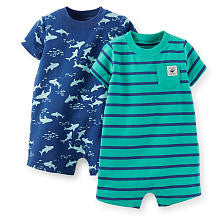 Carter's Boys 2 Pack Turquoise/Blue Striped and Navy Shark Print Rompers