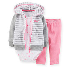 Carter's Girls 3 Piece Grey Striped Hooded Raglan Cardigan, Printed Rib Bodysuit and Coral Pant Set