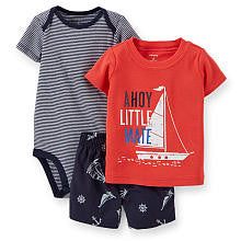 Carter's Boys 3 Piece Red "Ahoy Little Mate" Short Sleeve T Shirt, Striped Bodysuit and Sailboat Print Shorts