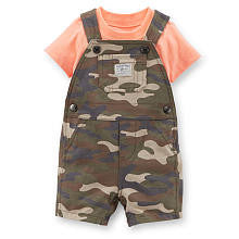 Carter's Boys 2 Piece Peach Short Sleeve T Shirt and Green Camo Print Shortall Set