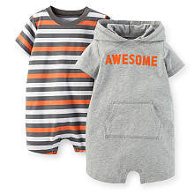 Carter's Boys 2 Pack Grey "Awesome" Kangaroo Front Pocket Hooded Romper and Brown/Orange Striped Romper