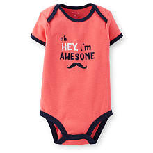 Carter's Boys Coral "oh Hey, I'm Awesome" Mustache Print Short Sleeve Bodysuit