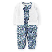 Carter's Girls 2 Piece Blue Printed Woven Overall with White Slub Cardigan Set