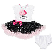 Koala Kids Girls' White/Black Birthday Girl Short Sleeve Dress and Diaper Cover Set