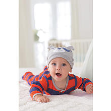 Carter's Boys 4 Piece Set with Red/Blue Striped Footie, Grey Animated Hat, White Printed Bodysuit and Grey Pant