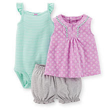 Carter's Girls 3 Piece Purple Daisy Printed Top, Light Green Striped Rib Bodysuit and Grey Bloomer Set