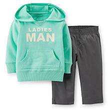 Carter's Boys 2 Piece Mint "Ladies Man" Kangaroo Pocket Hoodie and Grey Woven Pant Set- Toddler