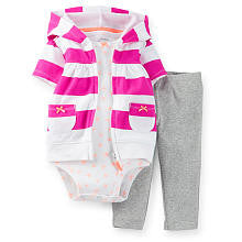 Carter's Girls 3 Piece Printed Bodysuit, Purple/White Striped Short Sleeve Zip Up Hoodie, and Grey Pant Set