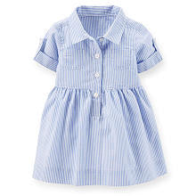 Carter's Girls Blue Striped Dress with Collar and Roll Cuff Sleeve Detail