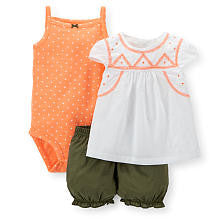 Carter's Girls 3 Piece Orange Polka Dot Sleeveless Bodysuit, White Embroidered Cap Sleeve Top, and Bubble Short Set