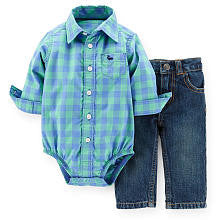 Carter's Boys 2 Piece Blue Gingham Print Button Down Bodysuit and Blue Denim Pant Set