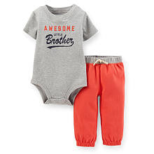 Carter's Boys 2 Piece Grey "Awesome Little Brother" Short Sleeve Bodysuit and Red Terry Pant Set