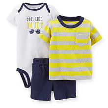 Carter's Boys 3 Piece Yellow Striped Short Sleeve T Shirt, "Cool Like Daddy" Short Sleeve Bodysuit and Short Set