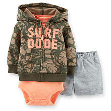 Carter's Boys 3 Piece Tan Printed "Surf Dude" Zip Front Hoodie, Bodysuit and Terry Short Set