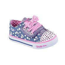 Skechers Girls Navy/Pink Flower Print Twinkle Toes Rhinestone Toe Sneakers