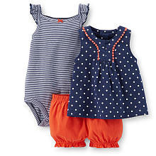 Carter's Girls 3 Piece Navy Polka Dot Top, Navy Striped Rib Bodysuit and Orange Bloomer Set