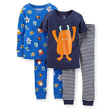 Carter's Boys Blue/Navy 4 Piece Cotton Pajama with Monster Printed Tops with Matching Pant Sets