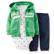 Carter's Boys 3 Piece Green "All Star" Zip Up Hoodie, Printed Bodysuit and Terry Pant Set