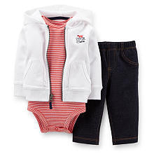 Carter's Boys 3 Piece White Zip Front Hoodie, Striped Bodysuit and Faux Denim Pant Set