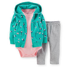 Carter's Girls 3 Piece Turquoise Printed Cardigan, Light Pink Rib Bodysuit and Grey Pant Set