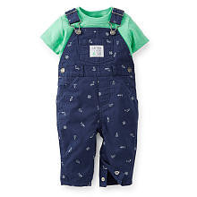 Carter's Boys 2 Piece Green Short Sleeve T Shirt and Navy Schiffli Canvas Overall Set